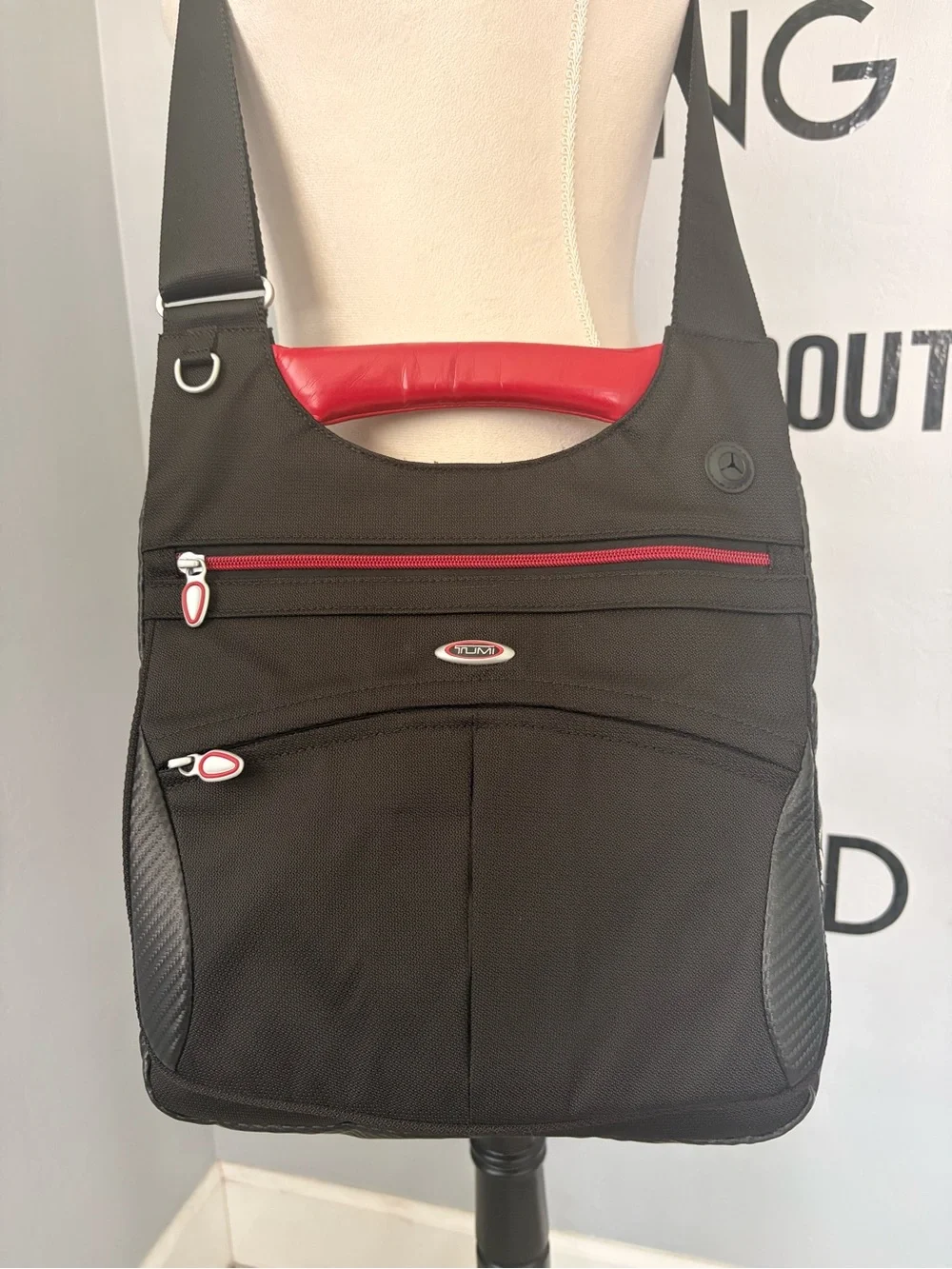 EUC Tumi Black & Red Nylon Crossbody Travel Bag Messenger Pack